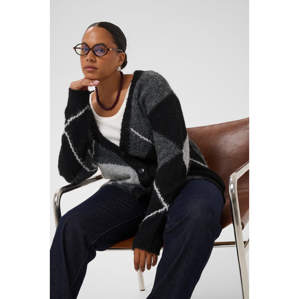 Cardigan à tricot gris grey melange/black check, KAFFE CURVE