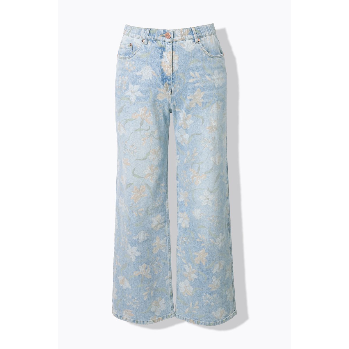 Jean Mary à fleurs, jambe droite et large bleu clair, ULLA POPKEN