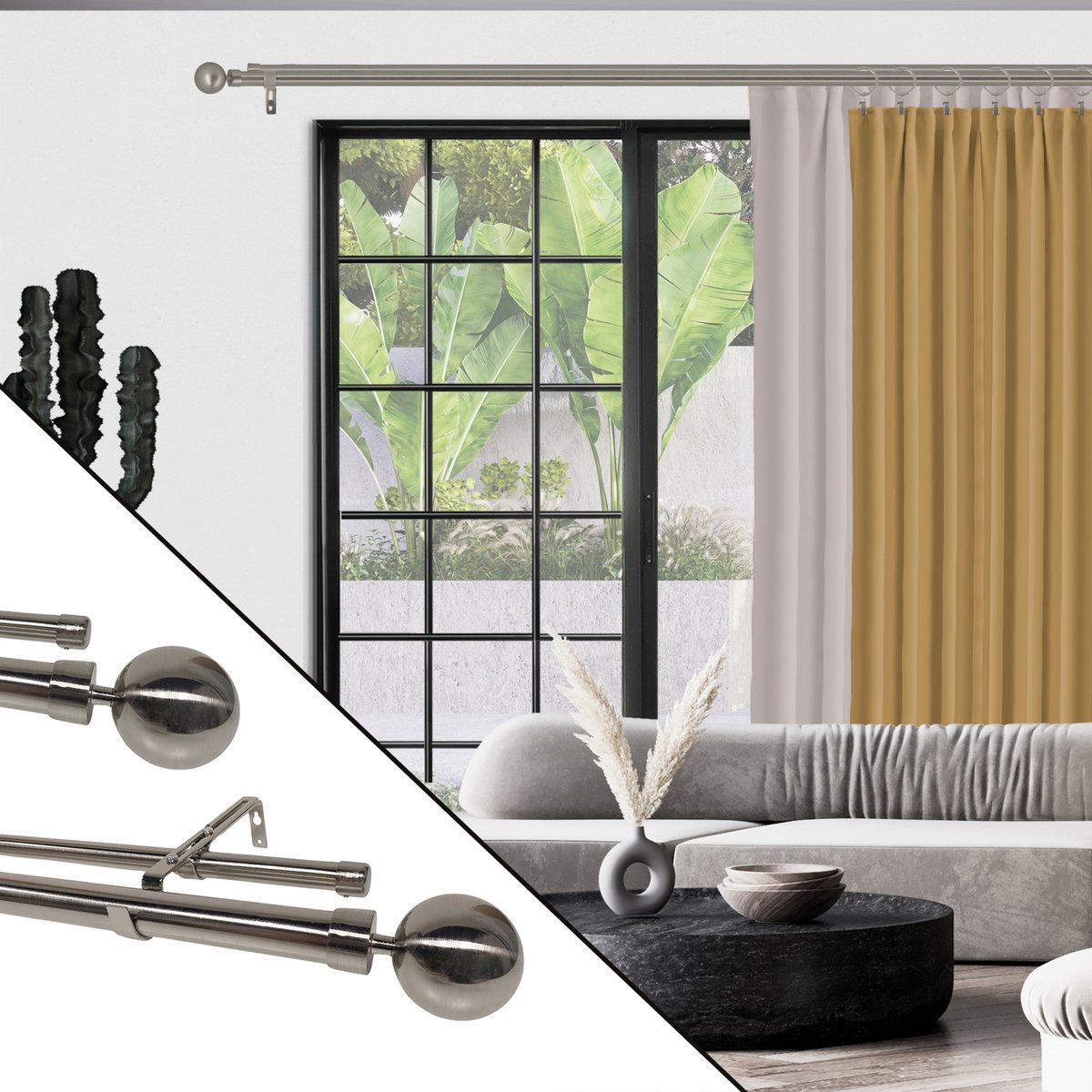 Kit double tringle à rideaux extensible embouts boule D28-19mm argent, MOBOIS