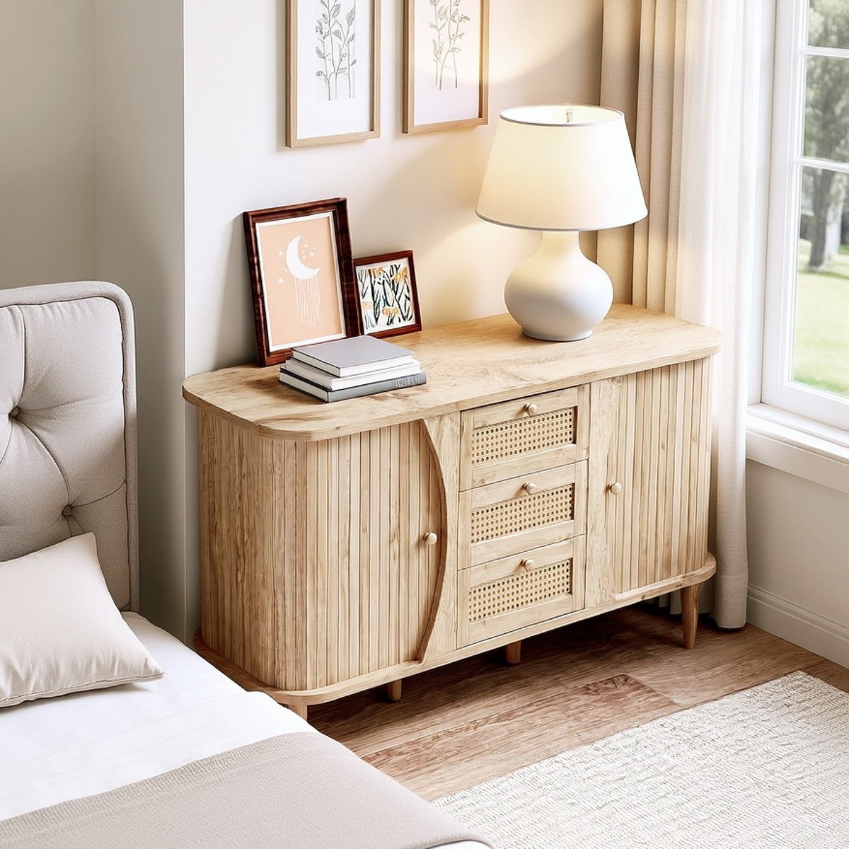 Armoire de rangement avec 2 portes 4 couches et 3 tiroirs ovale style scandinave, KIMIA Armoire chêne, MEUBLES COSY