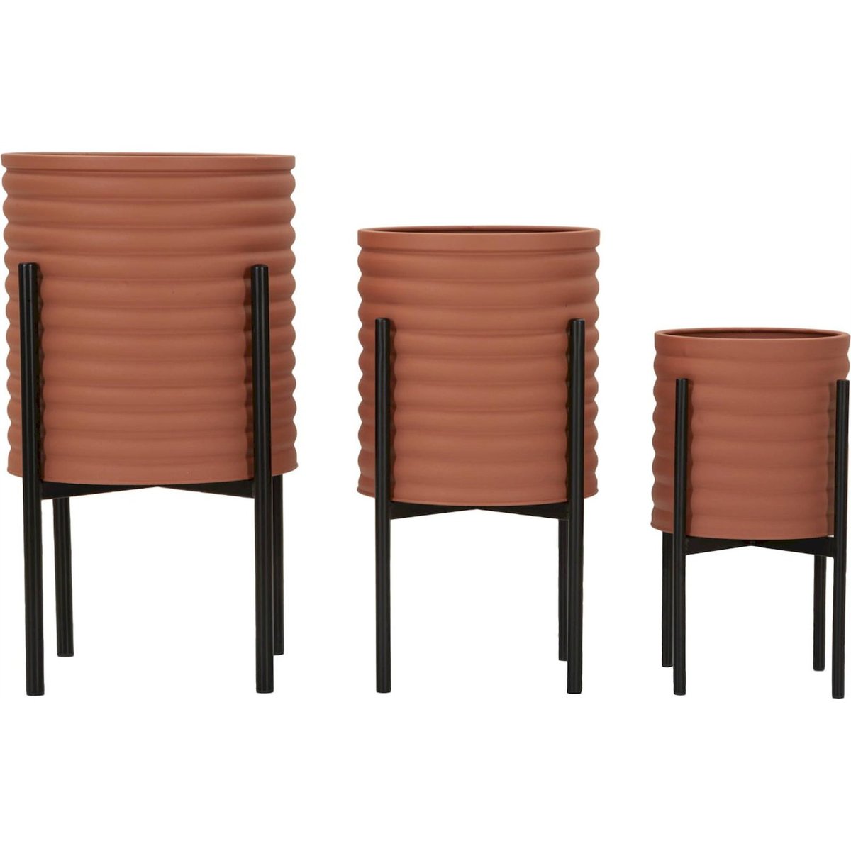 Cache-pots sur pieds en fer strié lot de 3 rouge brique et noir, RECOLLECTION