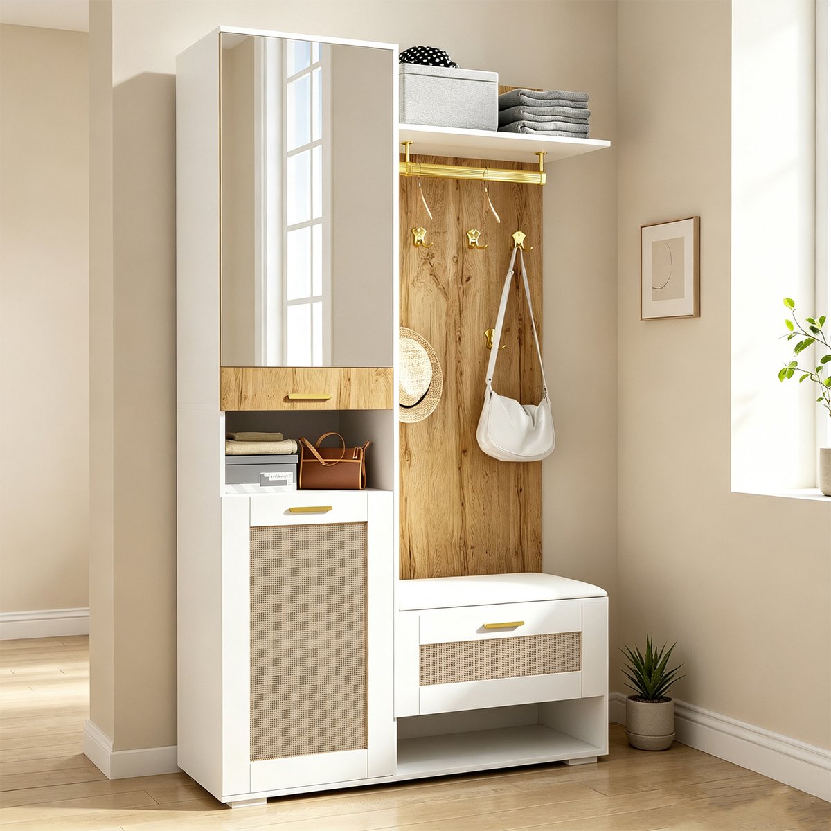 Vestiaire d'entrée avec miroir banc et rangement, PORTER-K chêne, MEUBLES COSY