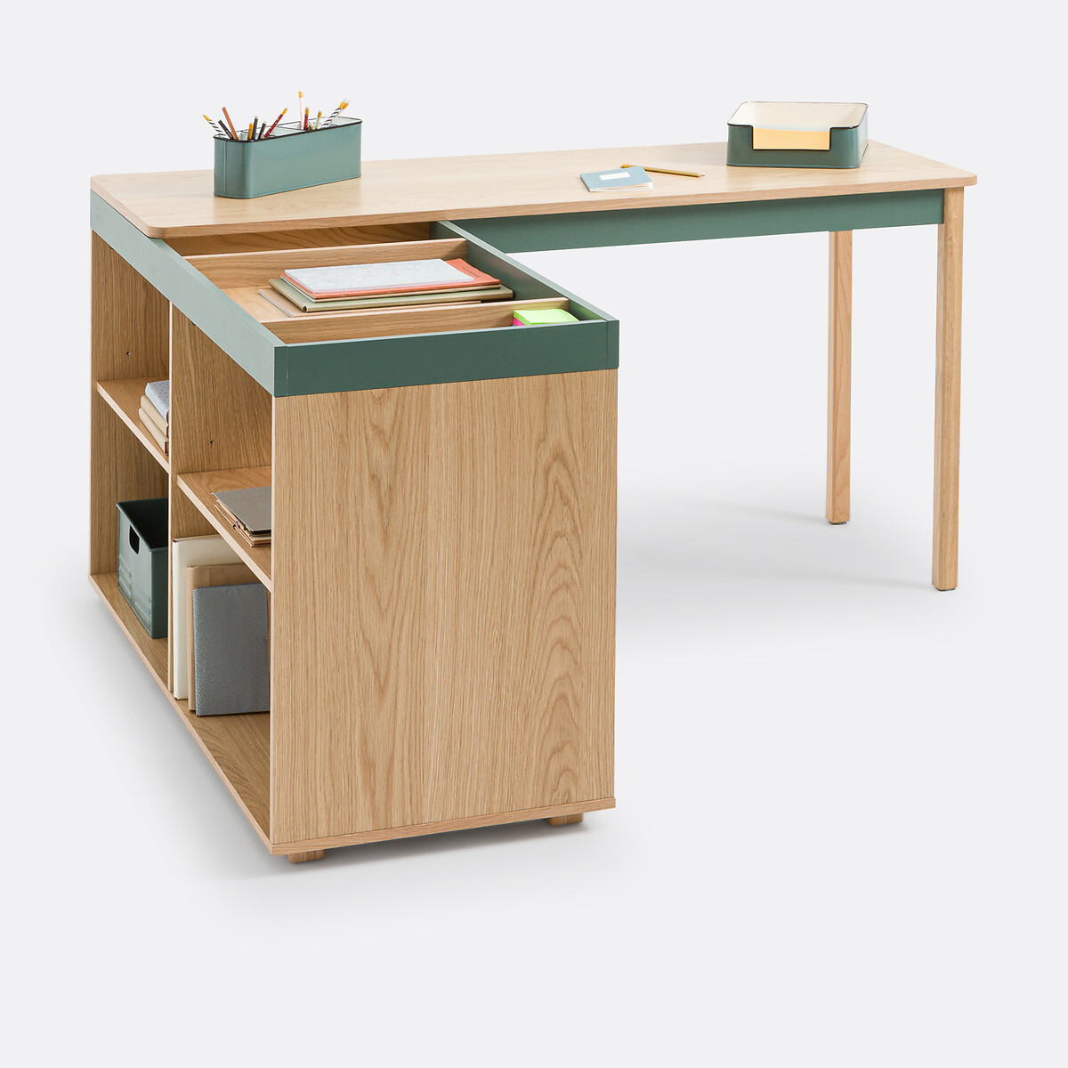 Bureau d’angle réversible avec rangement, Lina vert/bois, LA REDOUTE INTERIEURS