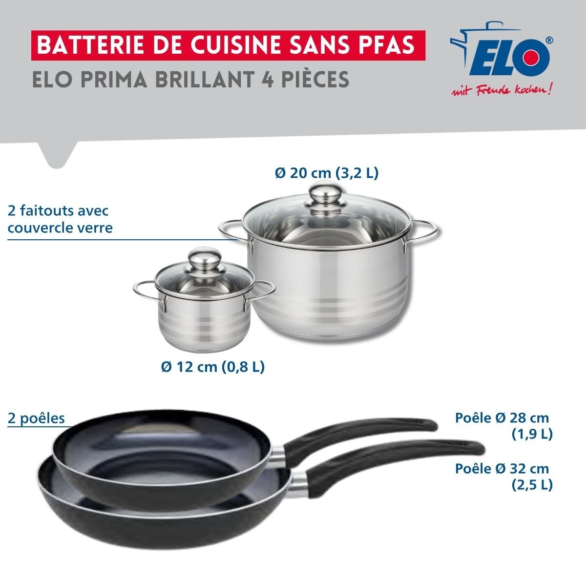 Batterie 2 poêles 28/32cm + 2 faitouts 12/20cm PRIMA BRILLANT noir, ELO