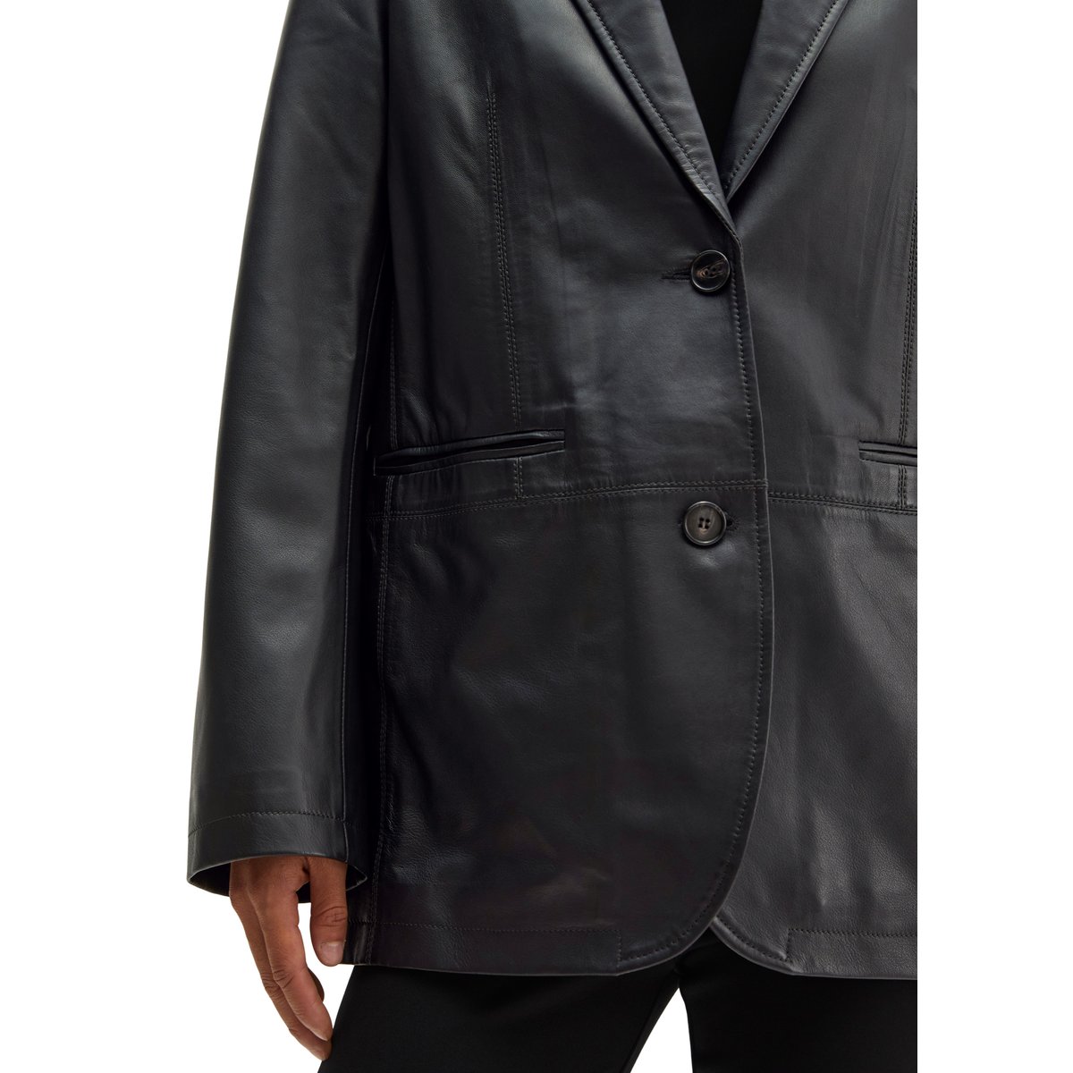 Blazer en cuir coupe classique en cuir nappa d'agneau souple noir, MARC O'POLO