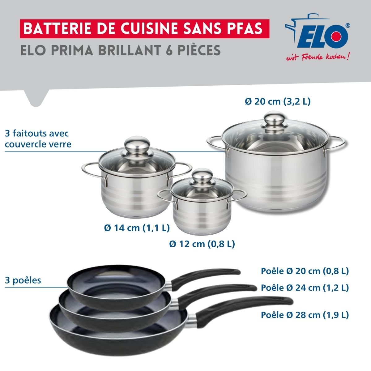 3 poêles 20/24/28cm + 3 faitouts 12/14/20cm PRIMA BRILLANT noir, ELO