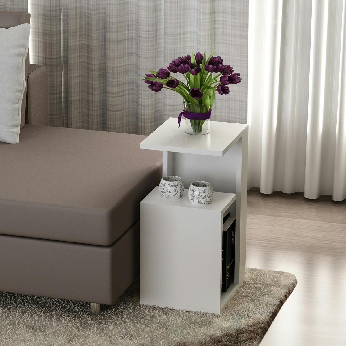 Bout de canapé blanc moderne 2 tablettes 1 niche MARFA blanc, PIER IMPORT