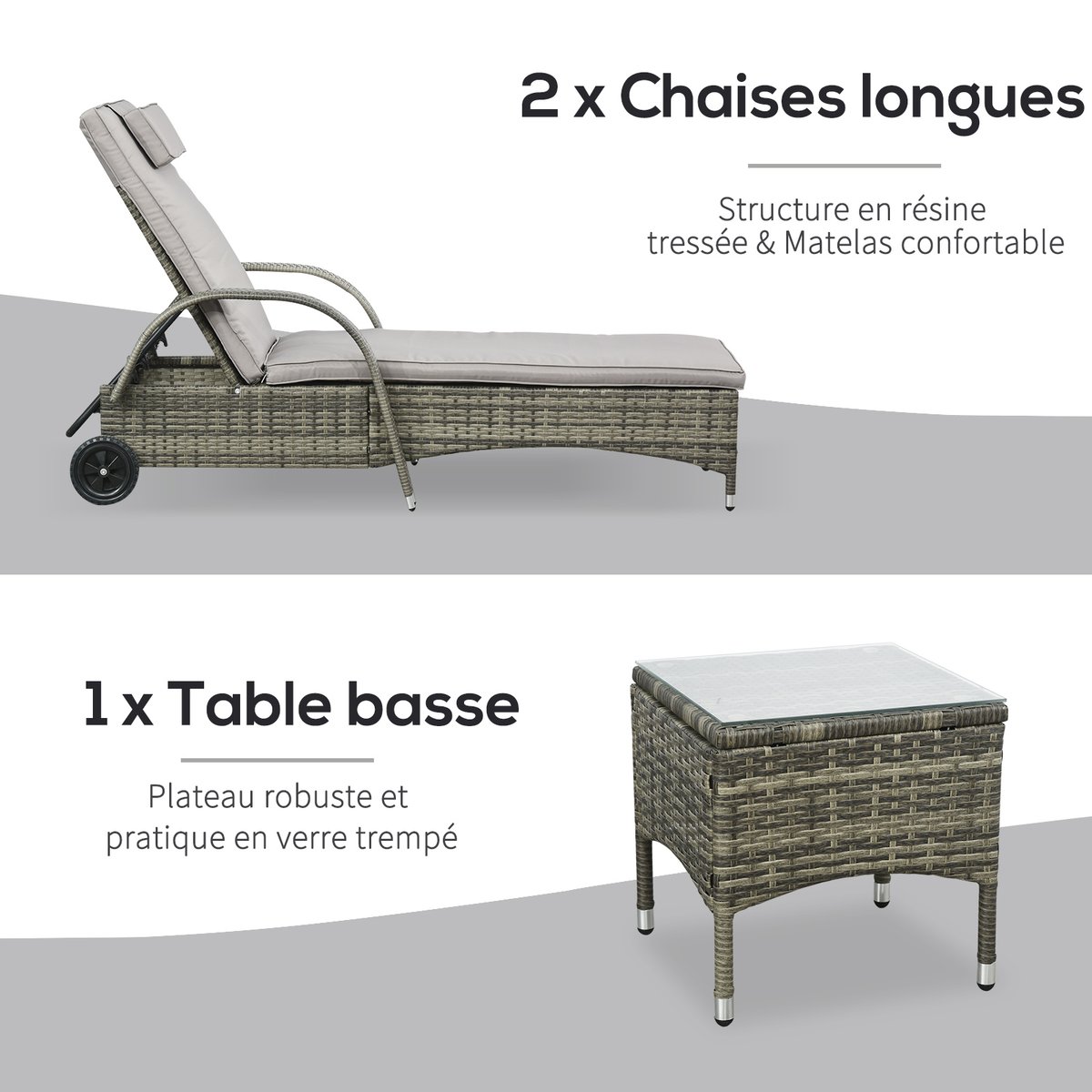 Ensemble de chaises longues en rotin Résine gris, OUTSUNNY