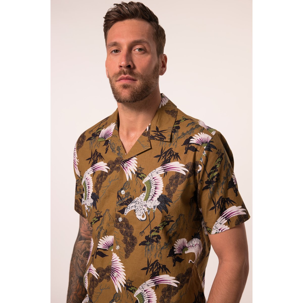 Chemise en lin mélangé, imprimé all-over marron, JP1880