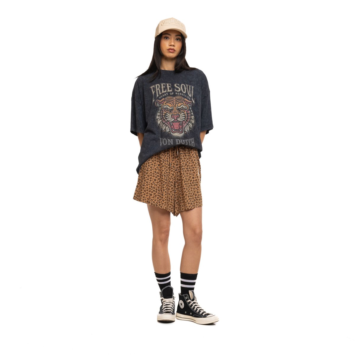 Tee Shirt en coton Tiger noir/orange/beige, VON DUTCH