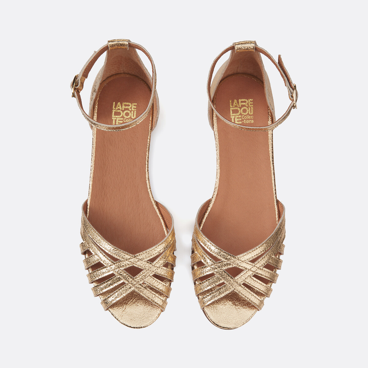 Metallic Leather Sandals with Ankle Strap and Flat Heel gold-coloured, LA REDOUTE COLLECTIONS