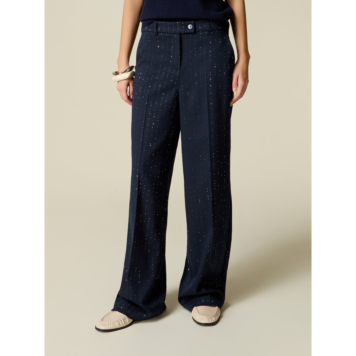 Pantalon palazzo avec micro cristaux bleu, OLTRE