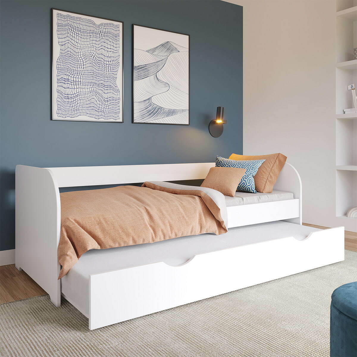 Lit banquette gigogne Bois massif  EZRA blanc, AKITEN RETAIL