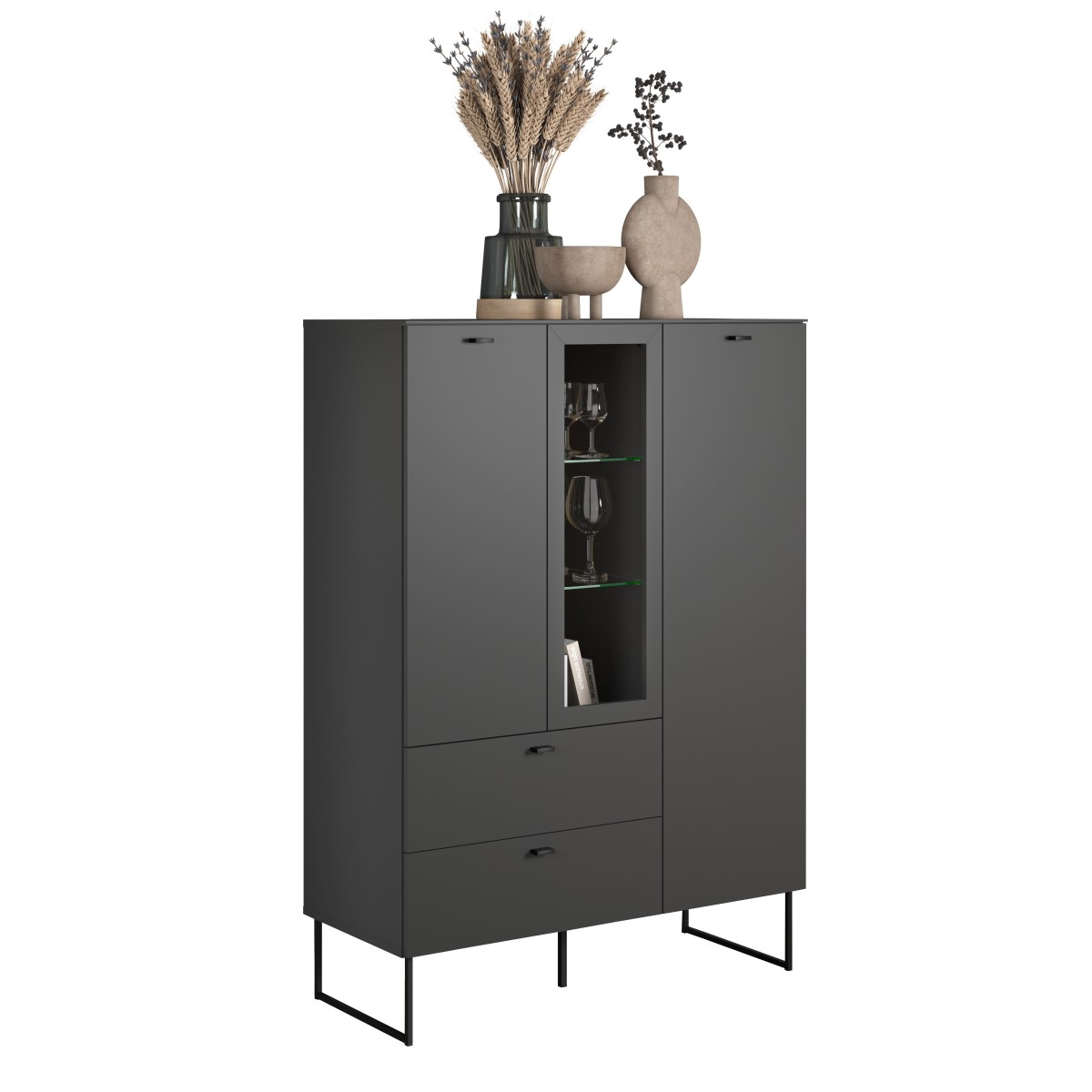 Buffet haut 2 portes, 2 tiroirs - VELA gris anthracite, CALICOSY
