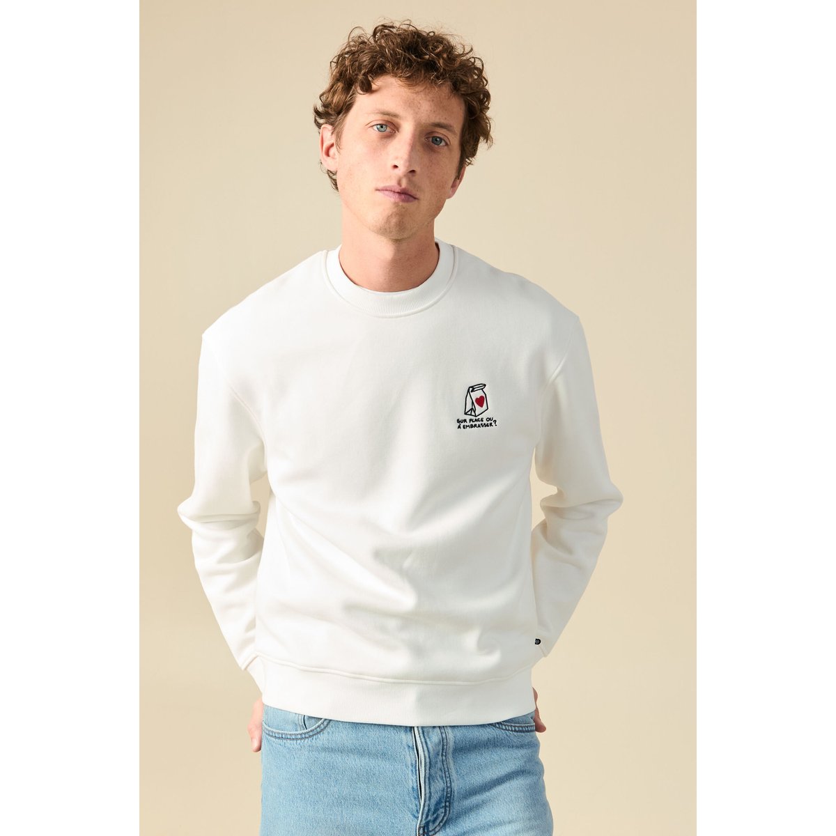 Sweat ras de cou manches longues brodé ecru, BONOBO
