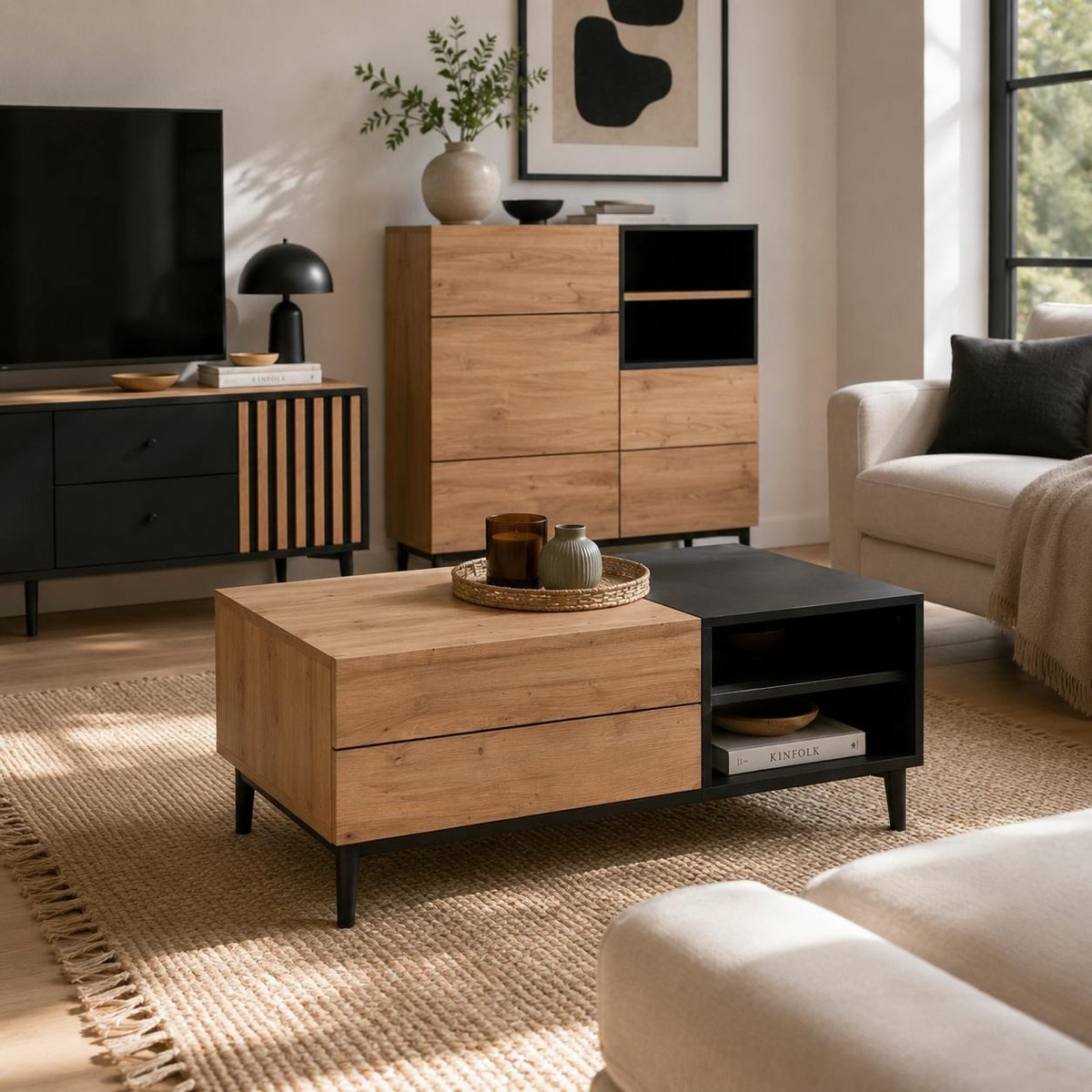 Table basse avec rangement décor bois et noir ALVA bois naturel, PIER IMPORT