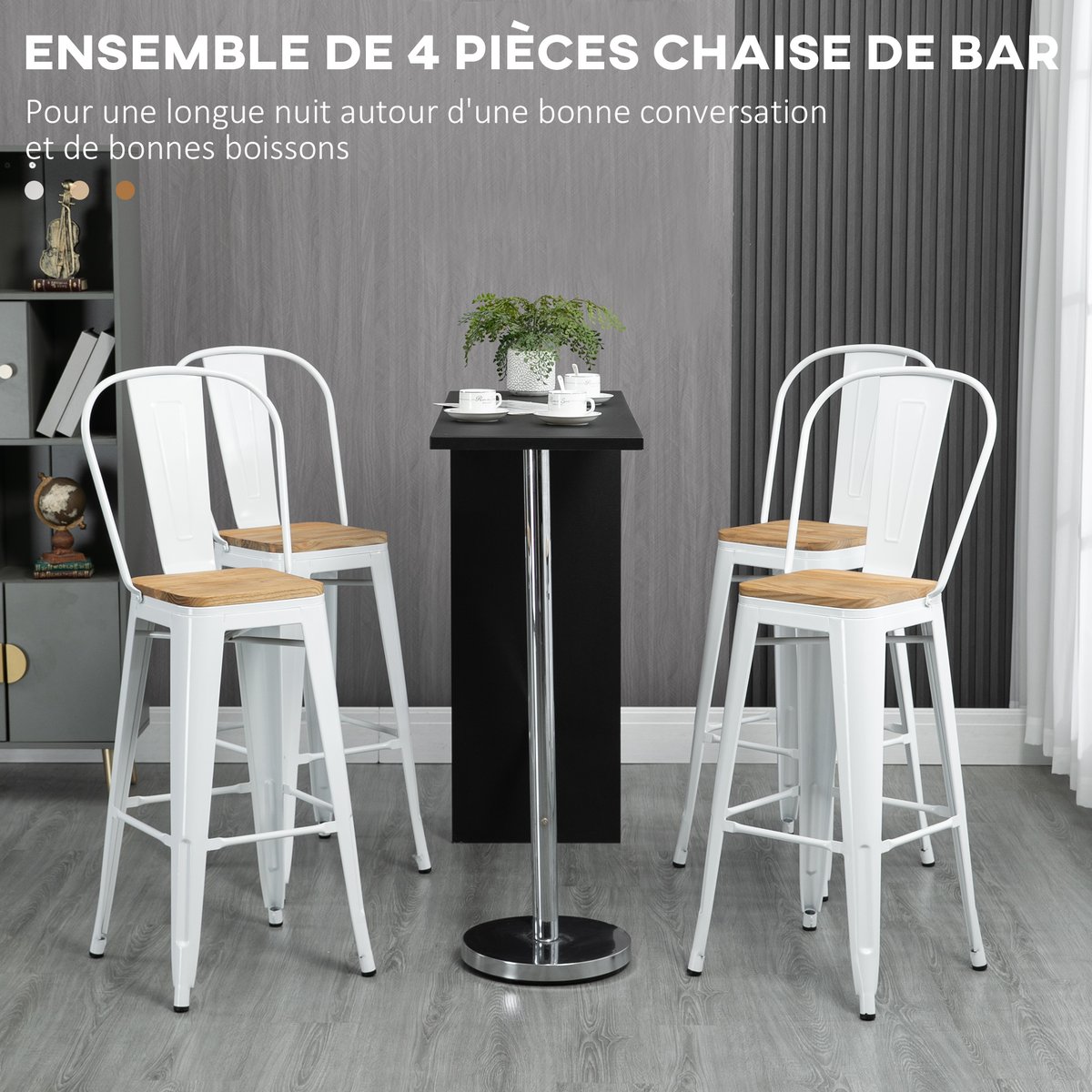 Tabouret de bar Acier Crème blanc, bois clair, HOMCOM