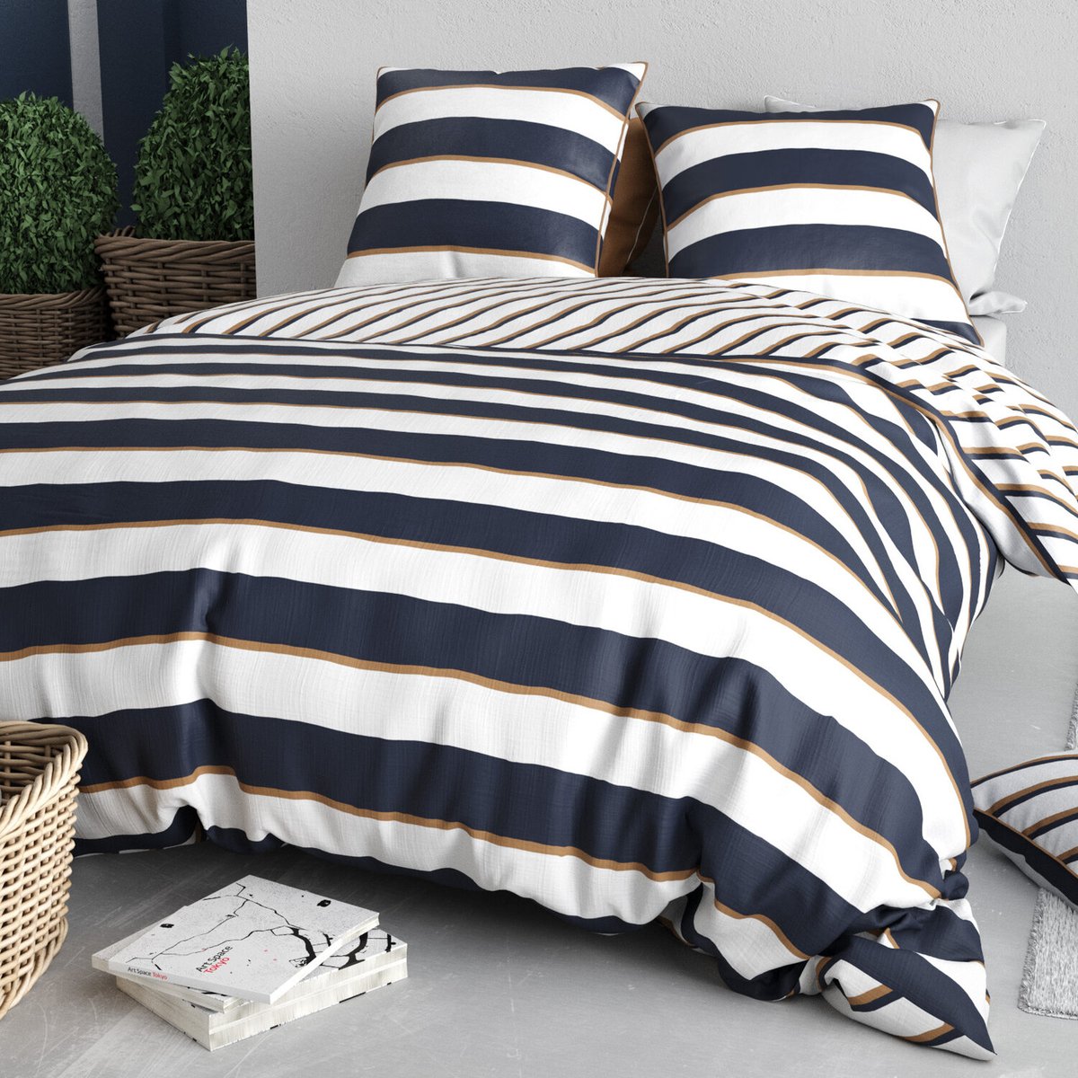 Parure housse de couette en coton imprimée, Nolwenn blanc, C DESIGN HOME TEXTILE