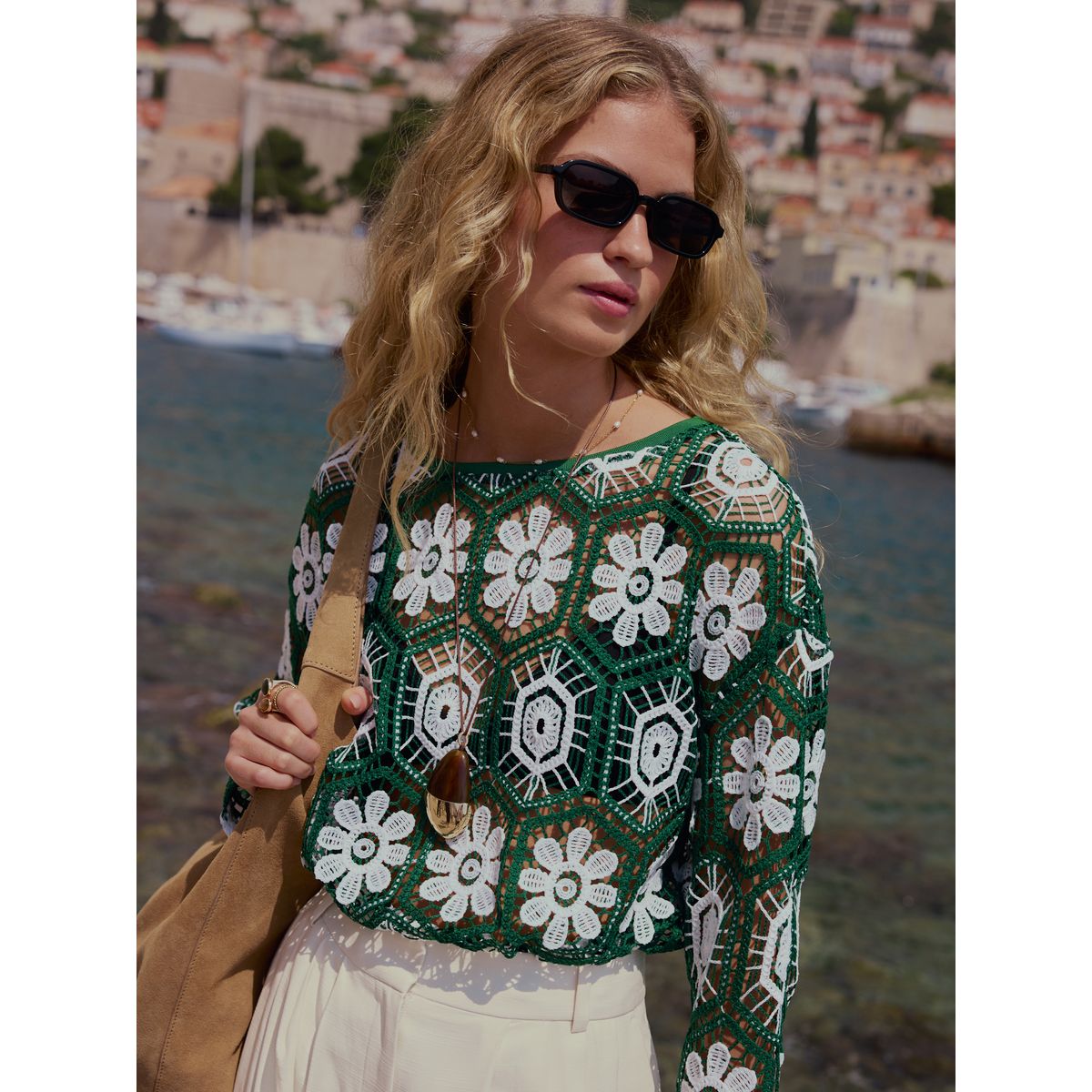 Haut à manches longues au crochet vert/blanc, NEXT