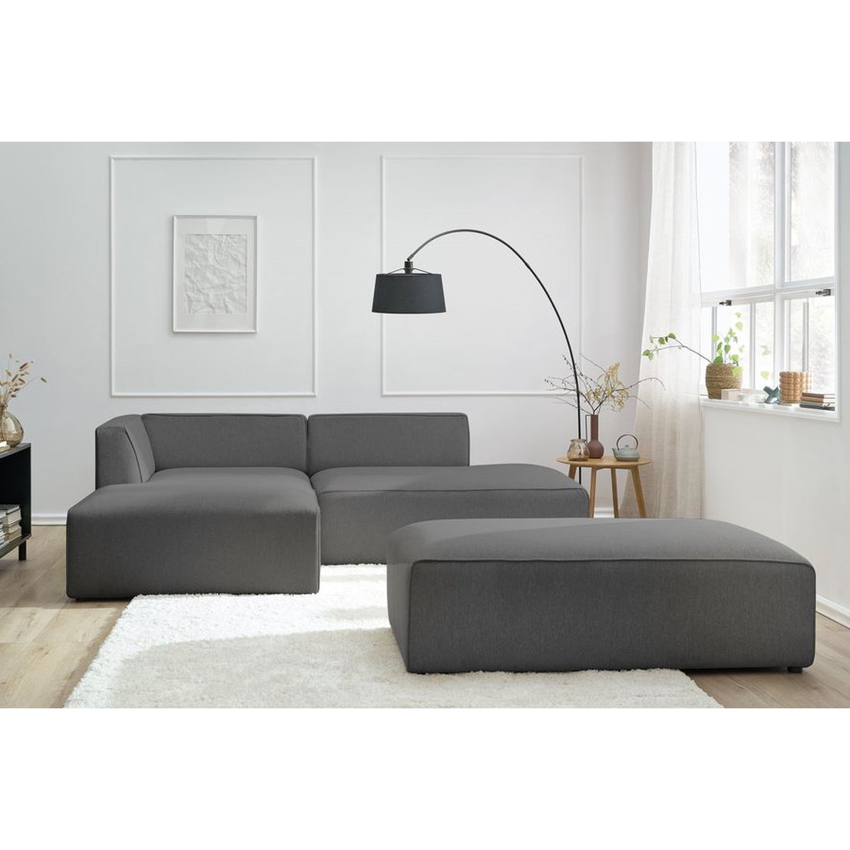 Canapé modulable 5 places en tissu chiné avec pouf, MEGEVE gris foncé, BOBOCHIC