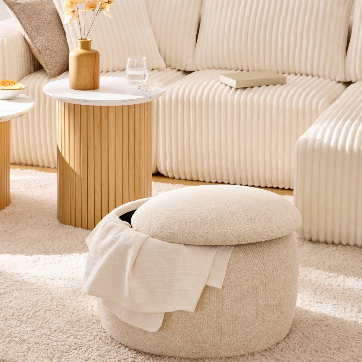 Pouf coffre de rangement en bouclette ELIOR creme, ATMOSPHERA