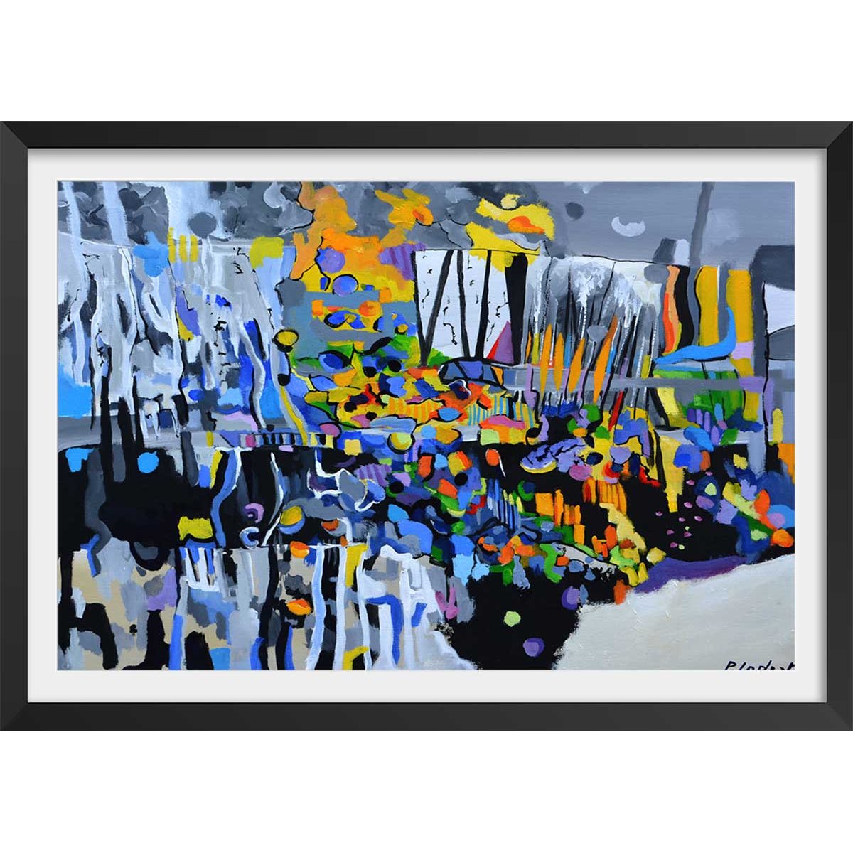 Affiche abstraite champs de bleuet affiche + cadre en bois - noir, HEXOA