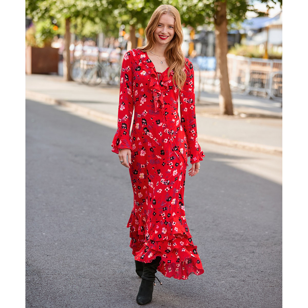 Robe Longue à Volants et Manches Longues Phoebe rouge, JOE BROWNS