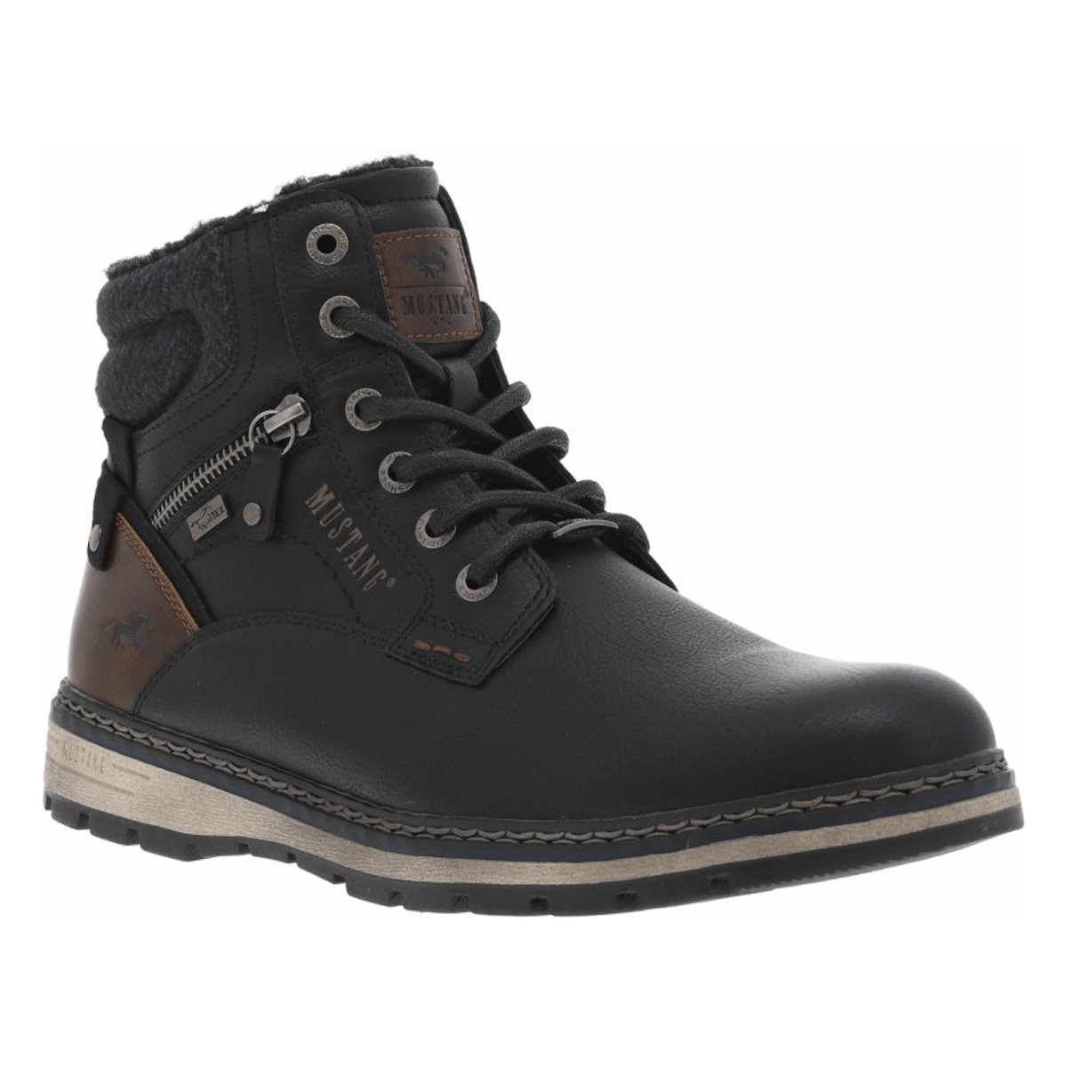 Bottines noires à talon plat pourvues d'une fermeture zippée et de lacets noires, MUSTANG