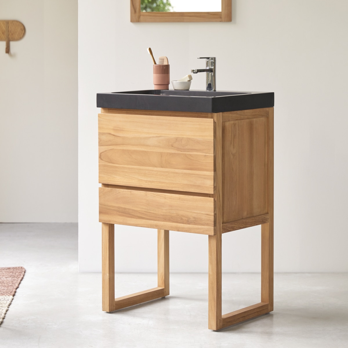 Meuble Salle De Bain en Teck massif, EDGAR marron clair, TIKAMOON