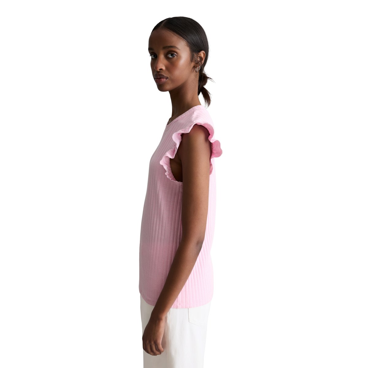 Top à volants sans manches regular en coton bio mélangé rose pale, MARC O’POLO DENIM