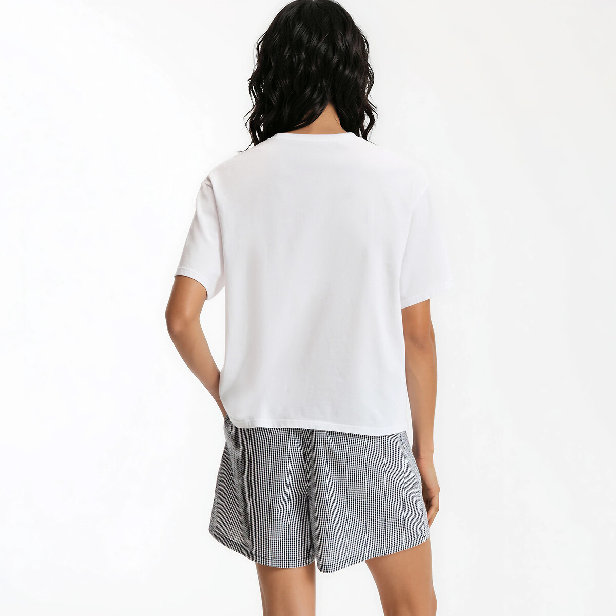 Pijama-calção em jersey e popelina vichy azul, LA REDOUTE COLLECTIONS