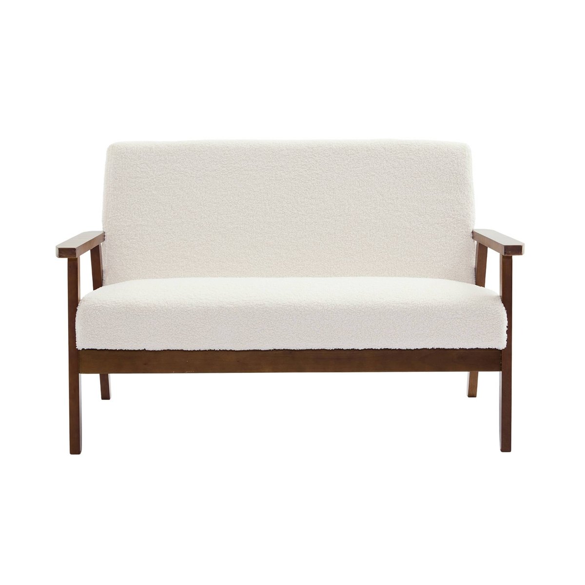 Banquette 2 places + fauteuil 1 place bois d'hévéa teinté noyer clair et bouclette ISAK crème, SWEEEK