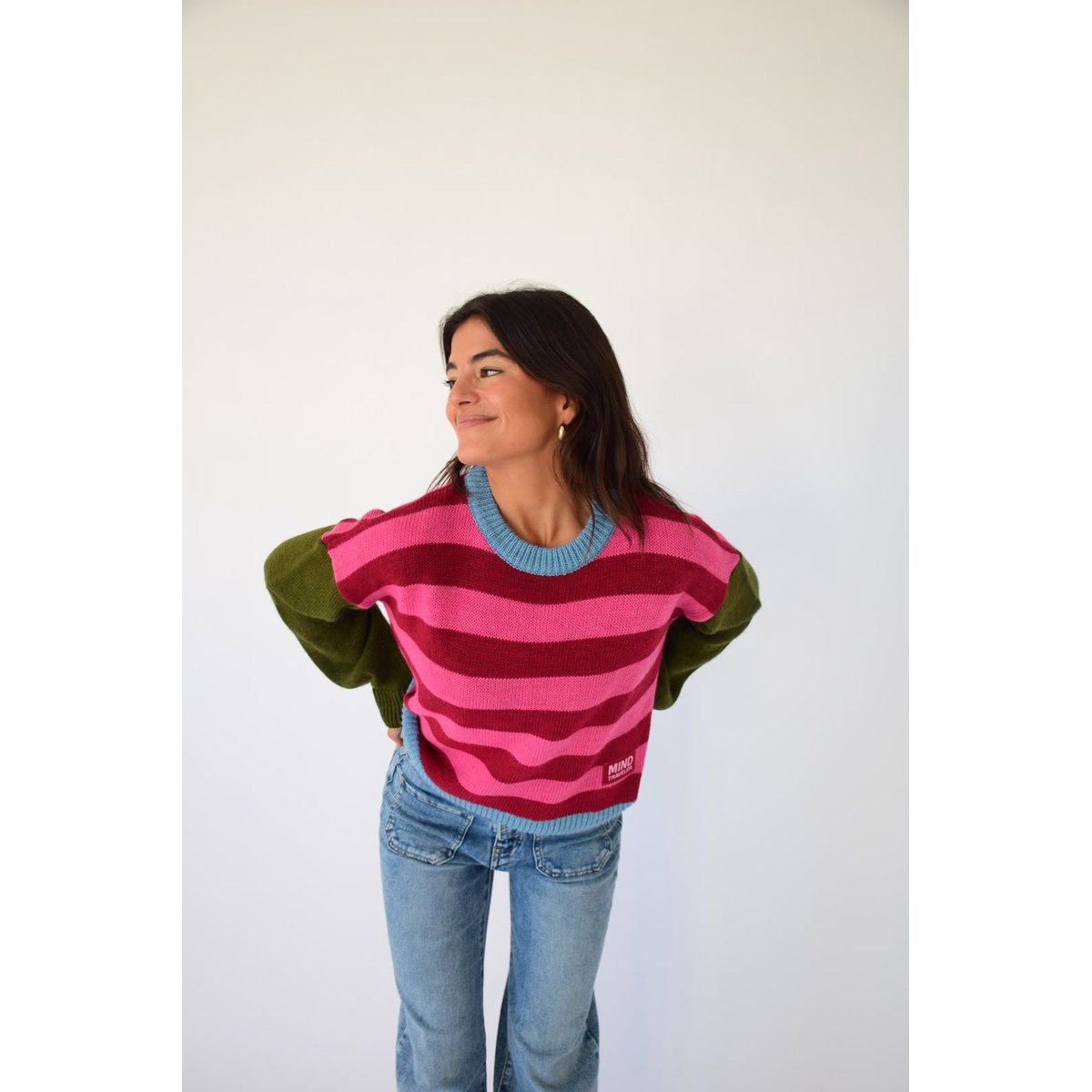 Pull rayé manches contrastées ABRIL rose / bordeaux, MINDTRAVELER