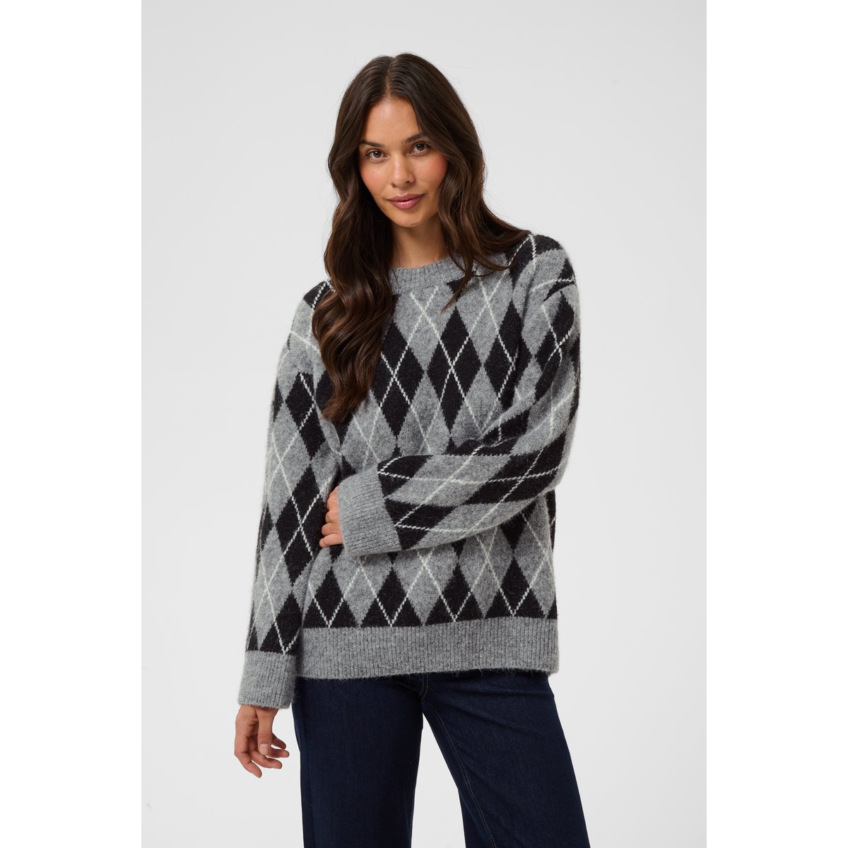 Pullover tricoté noir gris blanc black/gm/white argyle, KAFFE