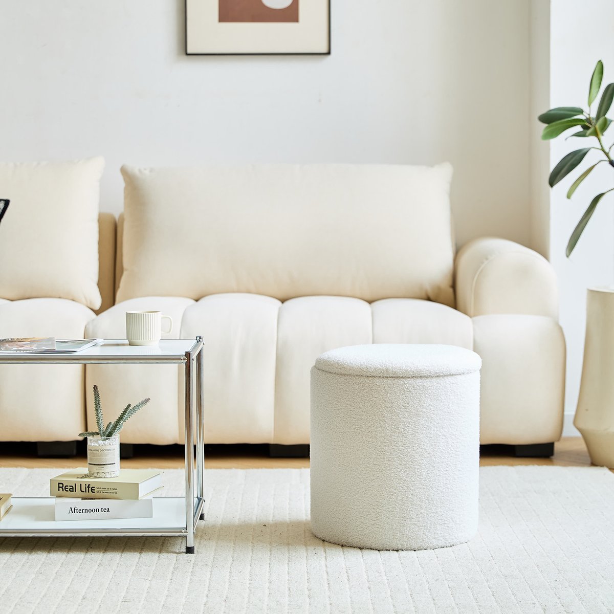 Set de 3 poufs avec rangement, bois, bouclette, NARVIK blanc cassé, NORDLYS