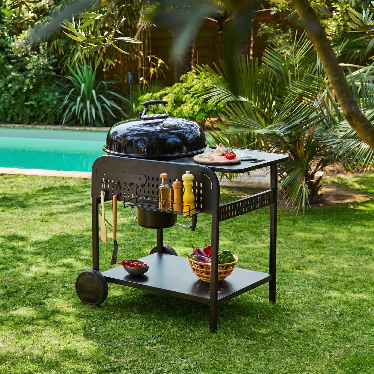 Barbecue rond charbon de bois acier émaillé Ø53cm avec chariot MAURICE noir, SWEEEK