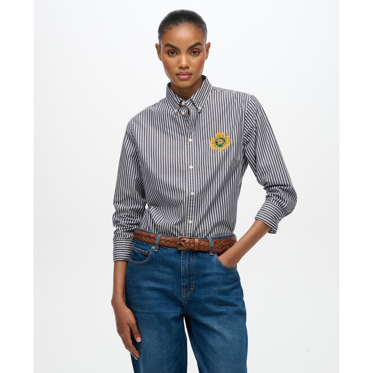 Chemise à manches longues en popeline slim Crest rayé bleu marine/blanc, SUPERDRY