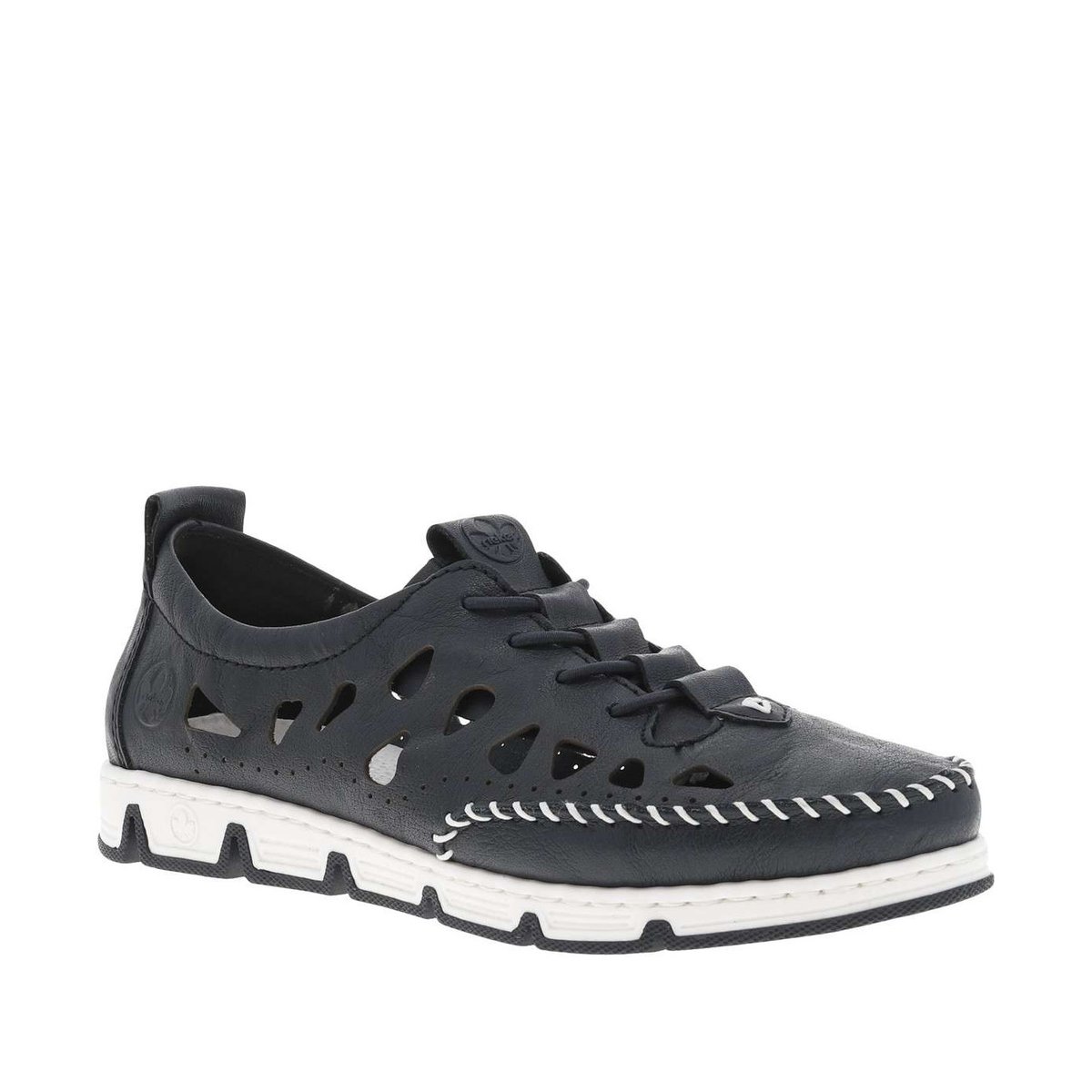 Sneakers en cuir bleues marine ajourées à semelle plate et à fermeture slip-on marine, RIEKER
