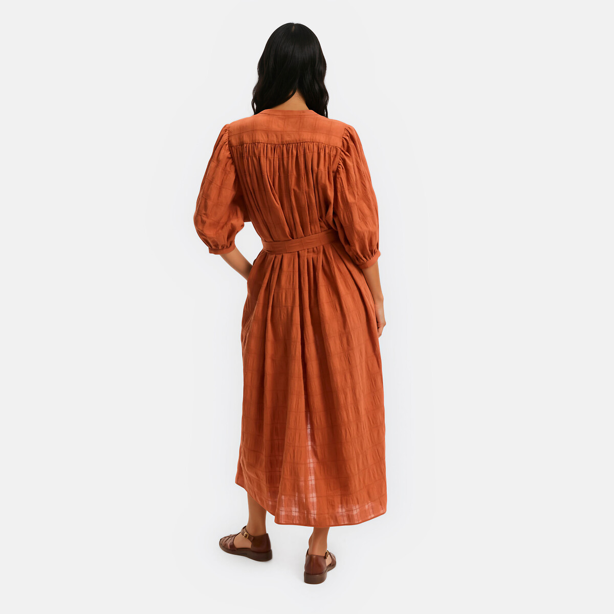 Belted Puff Sleeve Maxi Dress rust brown, LA REDOUTE COLLECTIONS