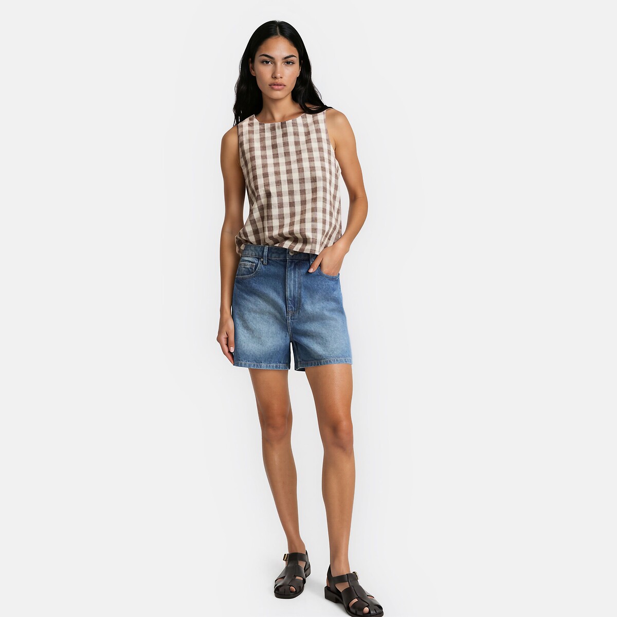 Top sans manches imprimé vichy en coton et lin vichy marron, LA REDOUTE COLLECTIONS