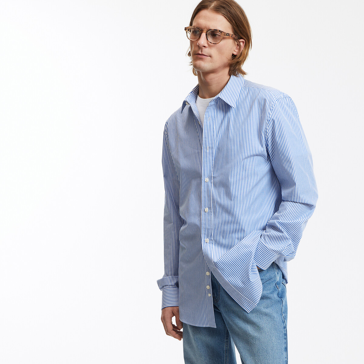 Chemise rayée slim, col français, coton, Signature rayé bleu ciel, LA REDOUTE COLLECTIONS