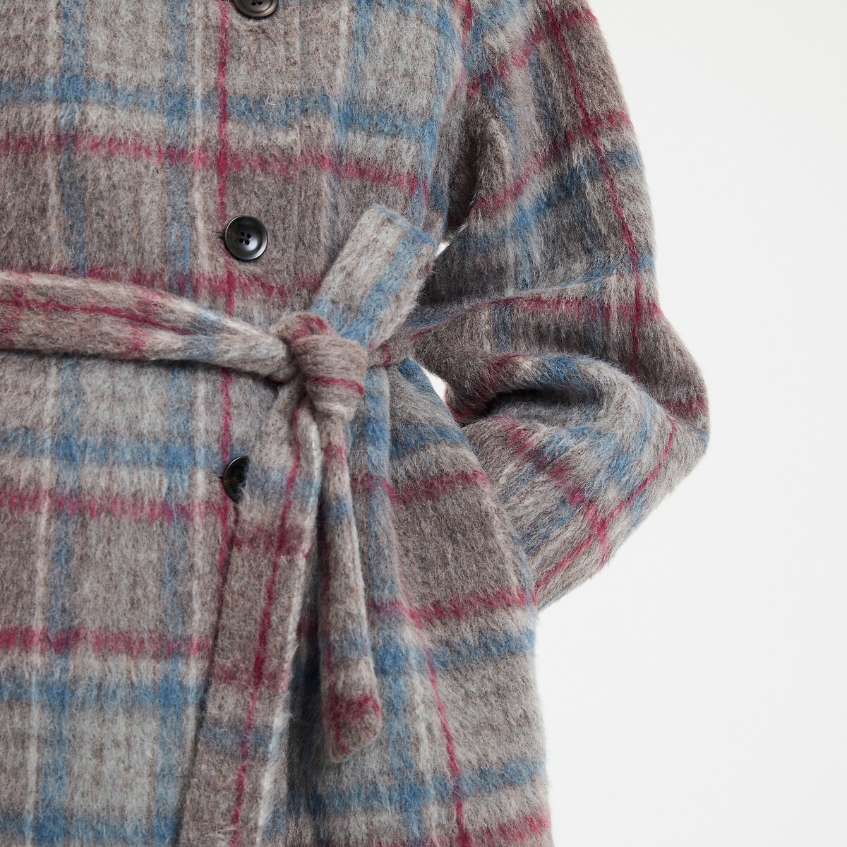 Checked Long Winter Coat with Tie-Waist blue/grey checks, LA REDOUTE COLLECTIONS