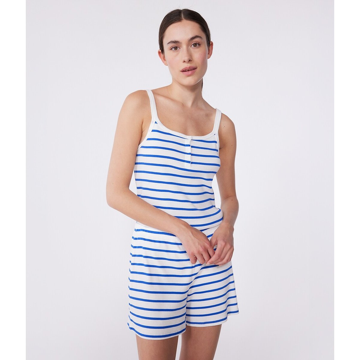 Pyjashort en coton à bretelles rayé bleu/blanc, PETIT BATEAU