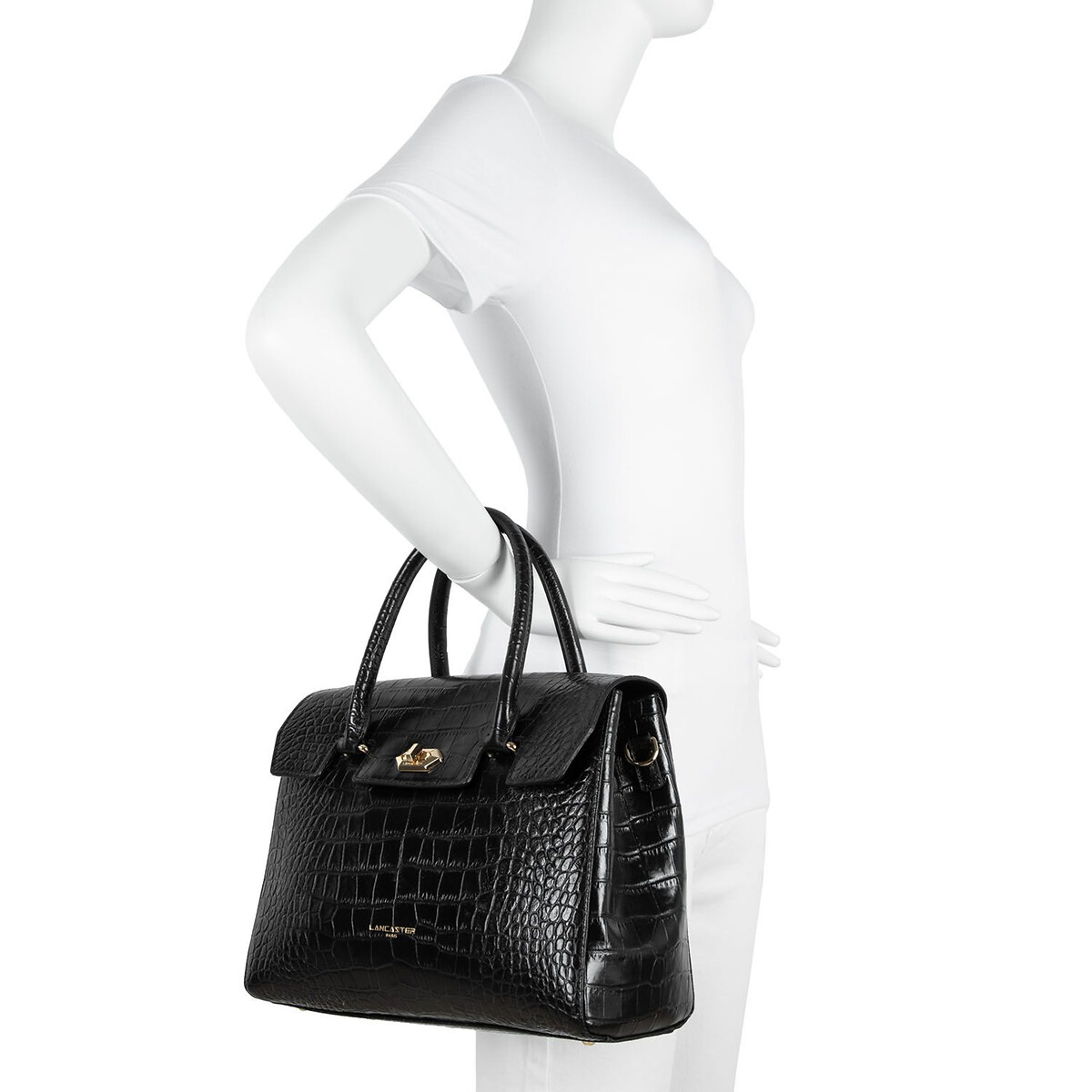 Sac à main en cuir motif croco EXOTIC CROCO noir, LANCASTER