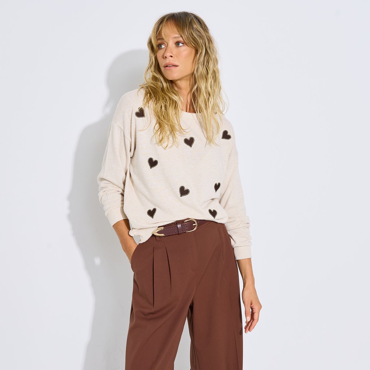 T-shirt motifs cœurs beige, GRAIN DE MALICE