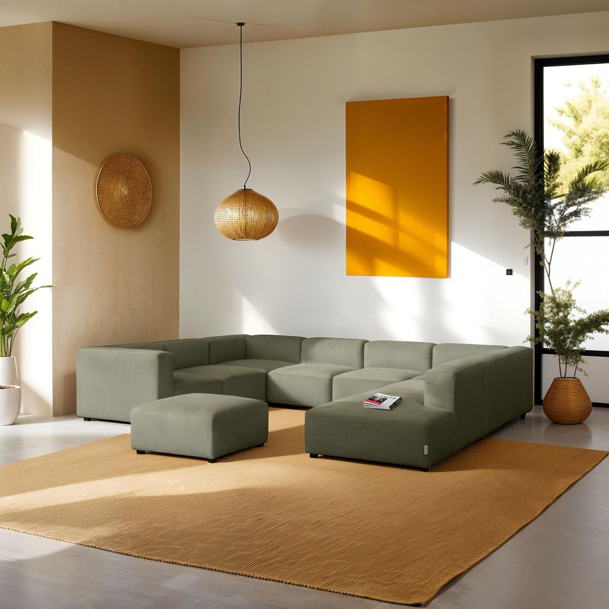 Canapé modulable panoramique 12 places ouvert à droite en velours côtelé + pouf - MODULO vert kaki, HOMIFAB