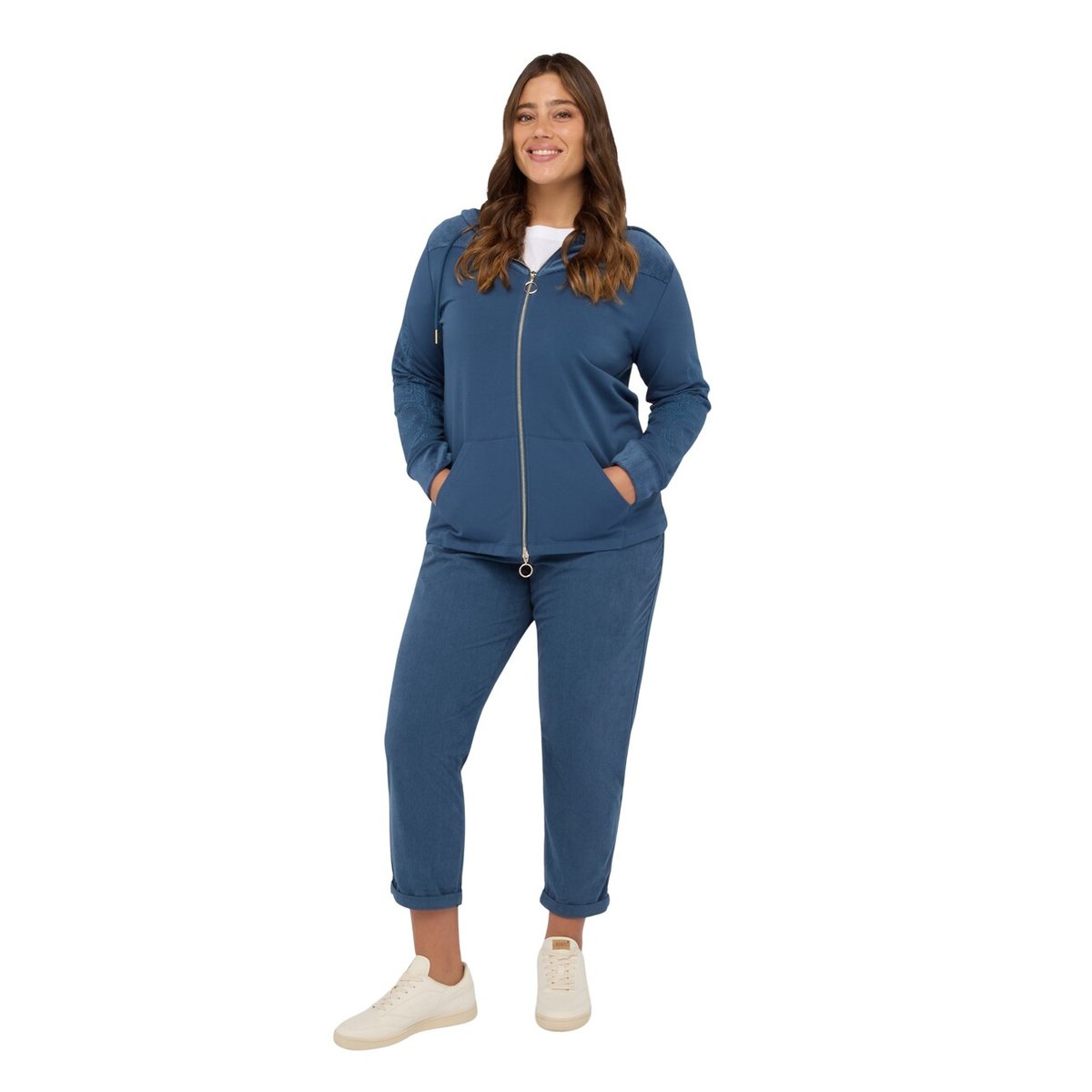 Sweat à capuche ouvert avec broderies florales bleuet, FIORELLA RUBINO