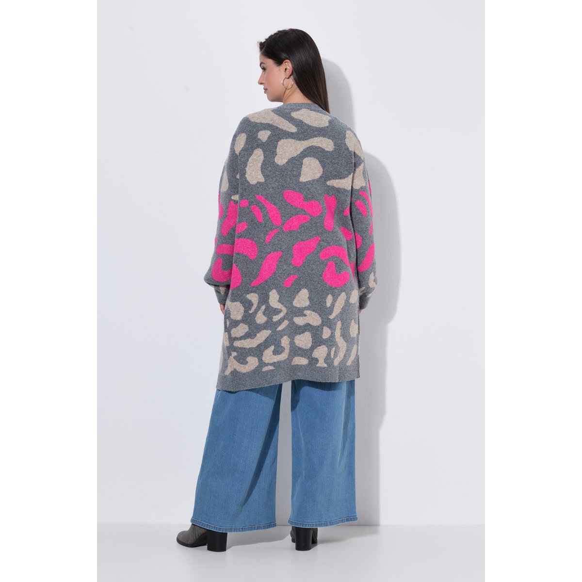 Cardigan long, motif léopard coloré gris chiné, ULLA POPKEN