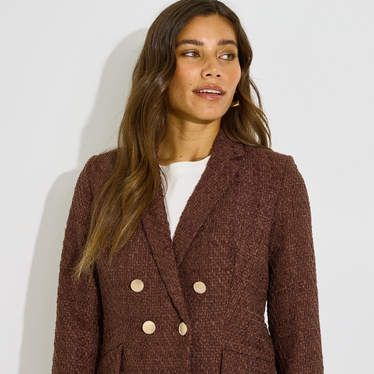 Veste blazer en tweed col tailleur marron, GRAIN DE MALICE