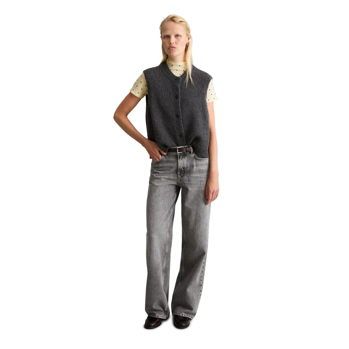 Cardigan court sans manches en un mélange douillet de laine vierge et d'alpaga gris, MARC O’POLO DENIM